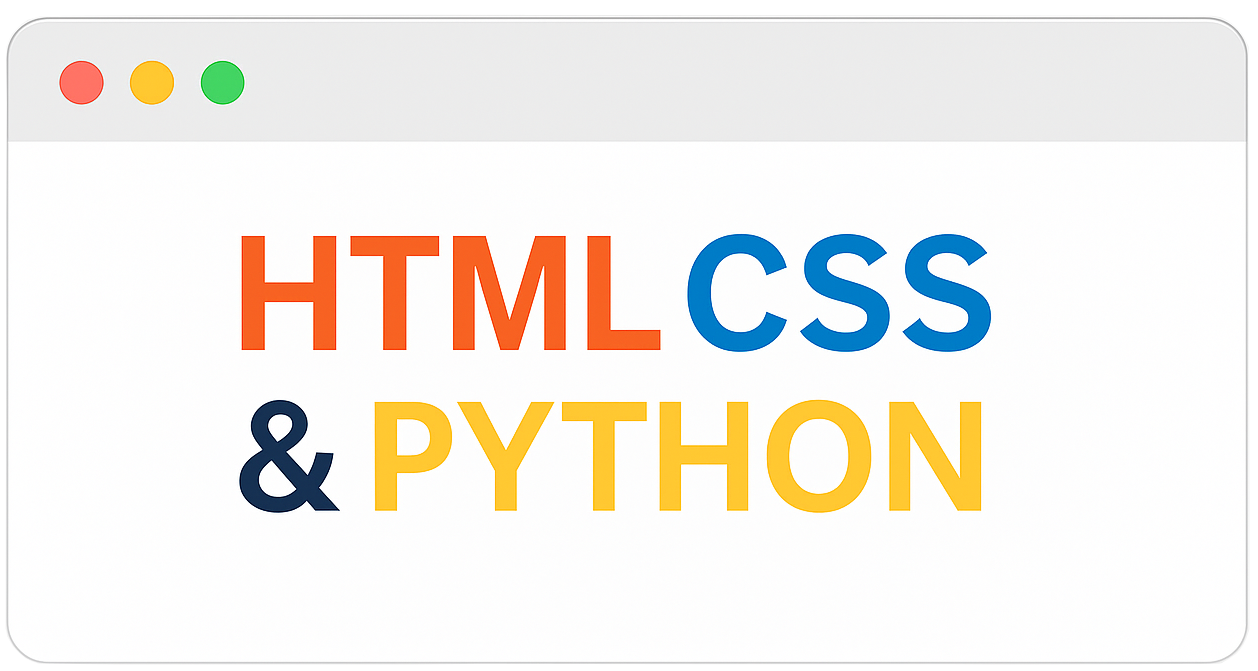 Image montrant une fenêtre inspiré de MacOS avec à l'intérieur HTML, CSS et Python d'écrit